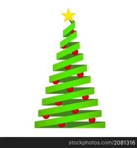 Green Christmas Tree with Golden Star on the top and red balls from paper tape, stock vector illustration for greeting card