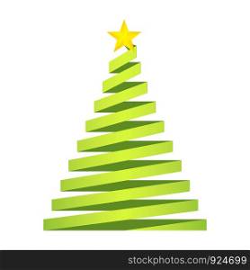 Green Christmas Tree with Golden Star on the top from paper tape, stock vector illustration for greeting card