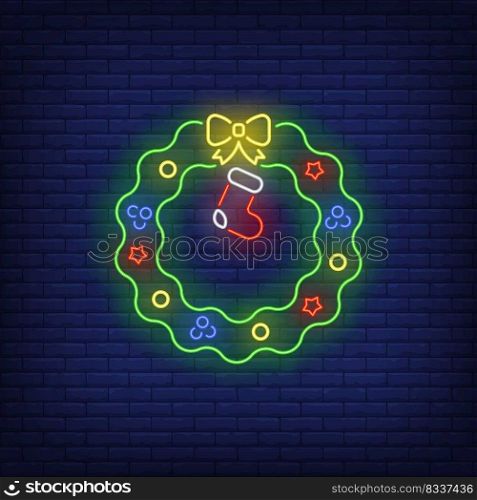 Green Christmas wreath in neon style. Christmas, tree, New Year. Night bright advertisement. Vector illustration in neon style for poster, banner