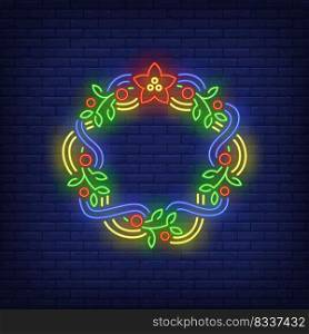 Green Christmas wreath with blue and yellow ribbons neon sign. Christmas, tree, New Year. Night bright advertisement. Vector illustration in neon style for poster, banner