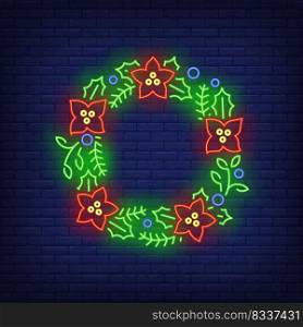 Green Christmas wreath with red flowers neon sign. Christmas, tree, New Year. Night bright advertisement. Vector illustration in neon style for poster, banner