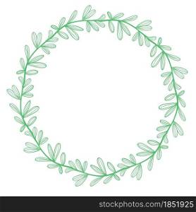 Green circular wreath of leaves, vector illustration. Simple minimalistic botanical frame. Deciduous outline for cards and greetings.. Green circular wreath of leaves, vector illustration.