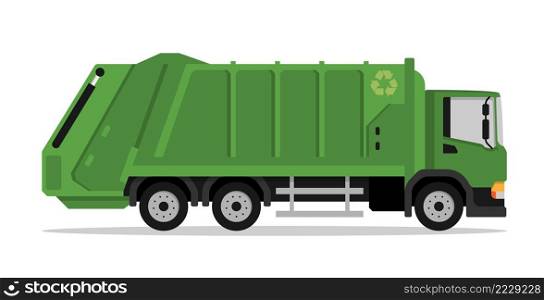 Green city garbage truck in flat style. Industrial machinery and equipment. Collection, sorting and recycling of garbage in city. Isolated vector on white back