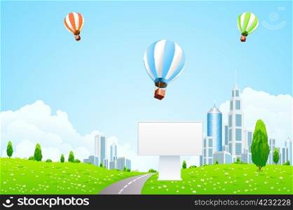 Green City Landscape with Hot Air Balloons