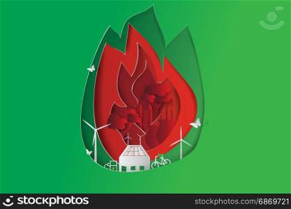 Green city opposites with eco fire concept elements. Vector illustration,paper art