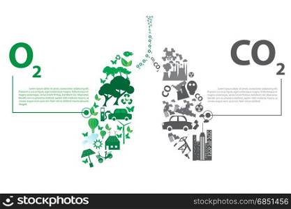 Green city opposites with eco lung concept elements. Vector illustration