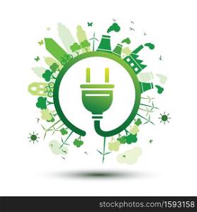 Green city sustainable nature concept with plug,vector illustration