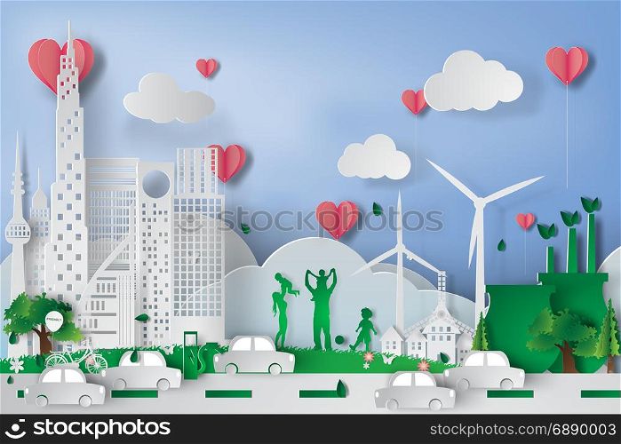 Green city with eco concept elements. Vector,heart,pink,illustration