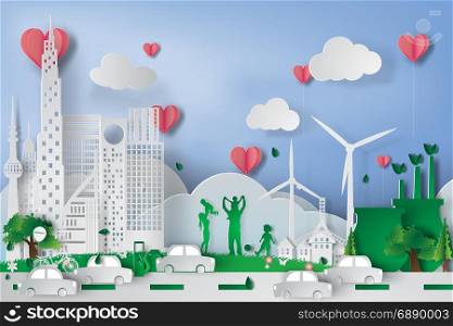 Green city with eco concept elements. Vector,heart,pink,illustration