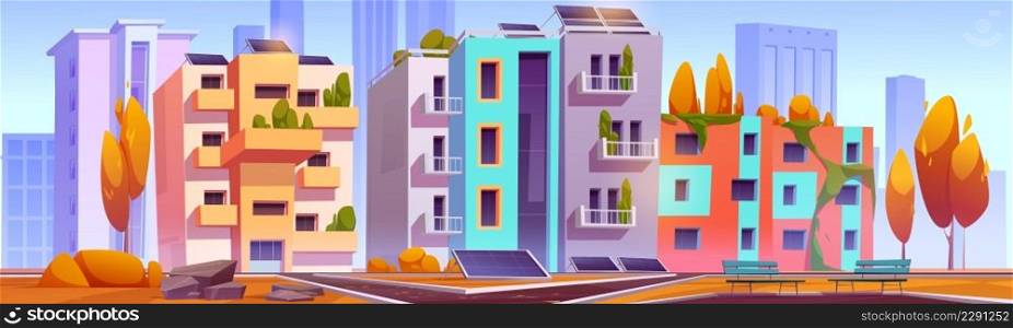 Green city with eco houses autumn landscape, modern architecture with solar panels, plants growing on house roof or balconies, park at front yard with paves, trees, benches Cartoon vector illustration. Green city with eco houses autumn landscape, town