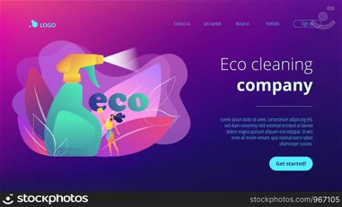 Green cleaning company employee tidies up with nature friendly spray. Green cleaning, eco cleaning company, environmentally friendly service concept. Website vibrant violet landing web page template.. Green cleaning concept landing page.