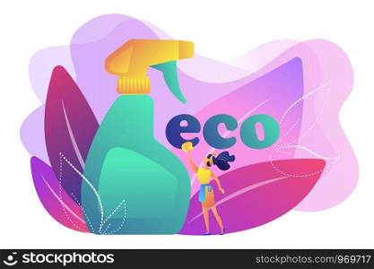 Green cleaning company employee tidies up with nature friendly spray. Green cleaning, eco cleaning company, environmentally friendly service concept. Bright vibrant violet vector isolated illustration. Green cleaning concept vector illustration.
