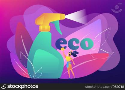 Green cleaning company employee tidies up with nature friendly spray. Green cleaning, eco cleaning company, environmentally friendly service concept. Bright vibrant violet vector isolated illustration. Green cleaning concept vector illustration.