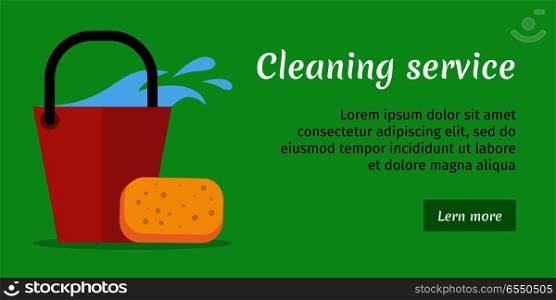 Green cleaning service banner with red bucket of water and sponge. House cleaning service, professional office cleaning, home cleaning, domestic cleaning service illustration in flat. Website template. Cleaning Service Banner