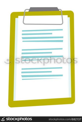 Green clipboard with a sheet of paper vector cartoon illustration isolated on white background.. Clipboard with a sheet of paper vector cartoon.