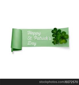 Green clovers on white paper ribbon with shadow, decoration for greeting cards. St Patricks day vector design.