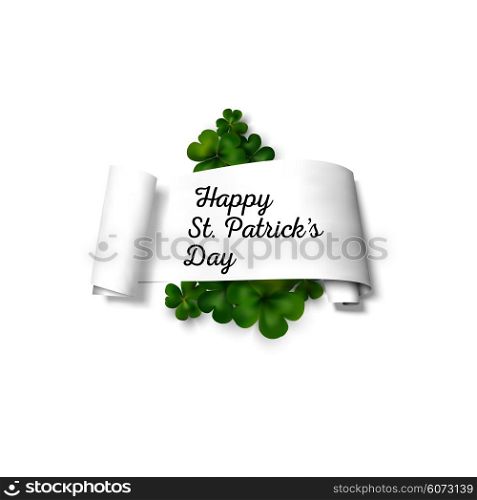 Green clovers on white paper ribbon with shadow, decoration for greeting cards. St Patricks day vector design.