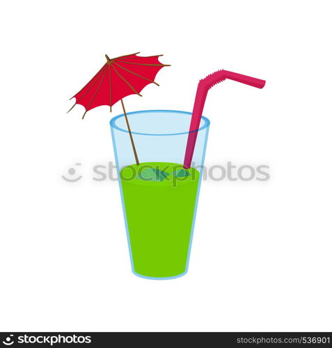 Green cocktail with umbrella icon in cartoon style on a white background. Green cocktail with umbrella icon