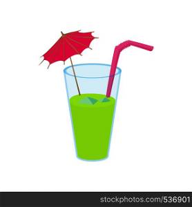 Green cocktail with umbrella icon in cartoon style on a white background. Green cocktail with umbrella icon
