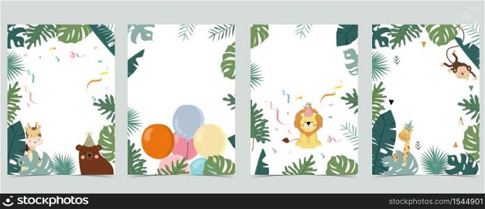 Green collection of safari background set with monkey,bear,giraffe.Editable vector illustration for birthday invitation,postcard and sticker