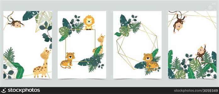 Green collection of safari background set with monkey,leopard,giraffe.Editable vector illustration for birthday invitation,postcard and sticker