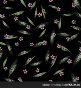 Green color seamless vector pattern pink flowers plumeria (frangipani) and green tropical realistic leaves on the black background. Trendy design fabric