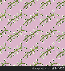 Green colored berry branches silhouettes seamless doodle pattern. Pastel purple background. Simple design. Designed for fabric design, textile print, wrapping, cover. Vector illustration. Green colored berry branches silhouettes seamless doodle pattern. Pastel purple background. Simple design.