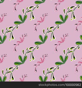 Green colored diagonal floral branches seamless doodle pattern. Lilac background. Abstract nature print. Designed for fabric design, textile print, wrapping, cover. Vector illustration.. Green colored diagonal floral branches seamless doodle pattern. Lilac background. Abstract nature print.