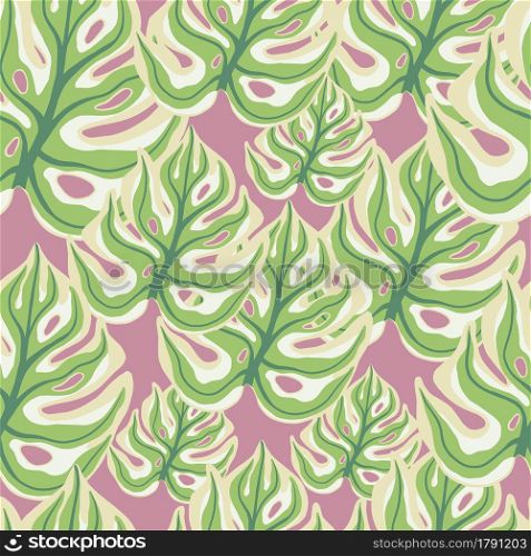 Green colored monstera leaf silhouettes seamless doodle pattern. Pink pastel background. Doodle ornament. Designed for fabric design, textile print, wrapping, cover. Vector illustration.. Green colored monstera leaf silhouettes seamless doodle pattern. Pink pastel background. Doodle ornament.