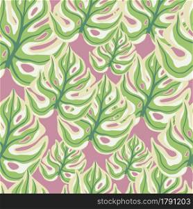 Green colored monstera leaf silhouettes seamless doodle pattern. Pink pastel background. Doodle ornament. Designed for fabric design, textile print, wrapping, cover. Vector illustration.. Green colored monstera leaf silhouettes seamless doodle pattern. Pink pastel background. Doodle ornament.