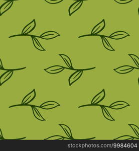 Green colored seamless botanic pattern with simple outline contoured leaf branches. Natue print. Decorative backdrop for fabric design, textile print, wrapping, cover. Vector illustration.. Green colored seamless botanic pattern with simple outline contoured leaf branches. Natue print.
