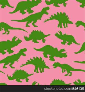 Green colour dinosaurs silhouette seamless pattern on pink background. Cute hand drawn sketch style textile, wrapping paper, background design. . Green colour dinosaurs silhouette seamless pattern on pink background