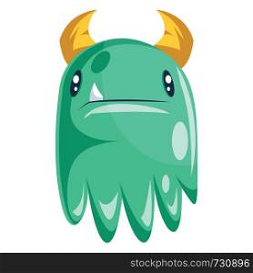 Green confused ghost with yellow horns cartoon character white background vector illustration.