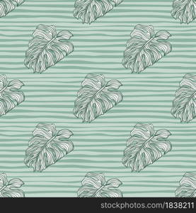Green contoured doodle monstera leaves print seamless pattern. Blue striped background. Decorative backdrop for fabric design, textile print, wrapping, cover. Vector illustration.. Green contoured doodle monstera leaves print seamless pattern. Blue striped background.