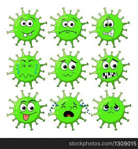 Green corona virus character with sad expression face. Coronavirus vector illustration with facial expression big set isolated on white background