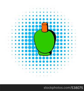 Green cosmetic bottle icon in comics style on a white background. Green cosmetic bottle icon, comics style