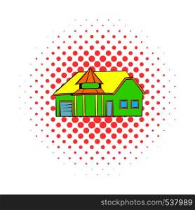 Green cottage icon in comics style on a white background. Green cottage icon, comics style