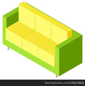 Green couch with yellow pillows isometric. Colorful Sofa isolated on white. Comfortable and cosy furniture piece for living room 3D vector illustration. Colorful Couch or Sofa Isometric Furniture Vector