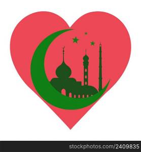 Green crescent and a mosque in a heart, a symbol love for Islam and Allah