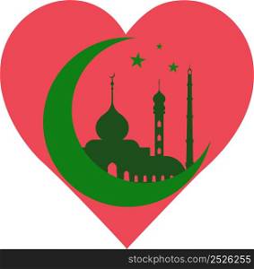 Green crescent mosque in heart symbol love Islam and Allah