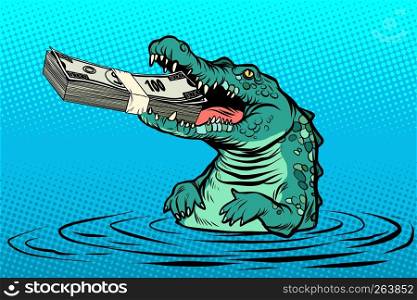 green crocodile eats money. Comic cartoon pop art retro vector illustration drawing. green crocodile eats money