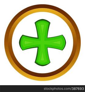 Green cross vector icon in golden circle, cartoon style isolated on white background. Green cross vector icon