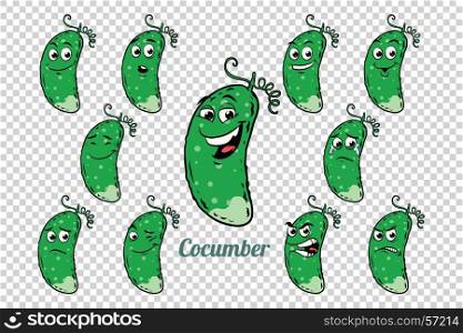 green cucumber emotions characters collection set. Isolated neutral background. Retro comic book style cartoon pop art vector illustration. green cucumber emotions characters collection set