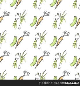 Green cucumber, healthy carrot and spicy leek endless texture. Organic vegetables vector illustration seamless pattern, healthy food concept. Green Cucumber, Healthy Carrot and Spicy Leek