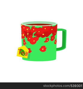 Green cup of tea icon in cartoon style on a white background. Green cup of tea icon, cartoon style