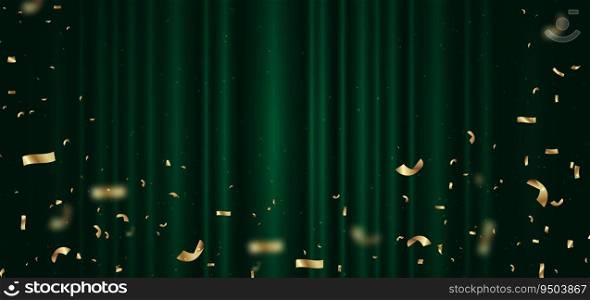Green curtain background. Golden confetti banner and ribbon. Celebration grand openning party happy concept. Vector illustration
