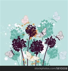 Green decorative background with butterflies and wildflowers