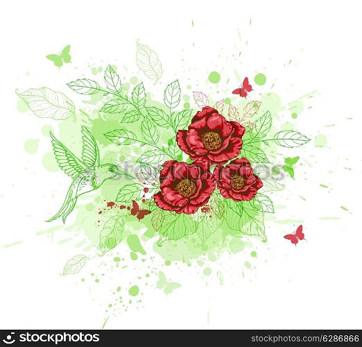 Green decorative background with red flowers and bird