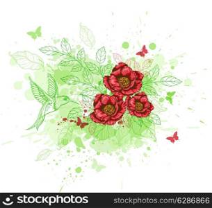 Green decorative background with red flowers and bird