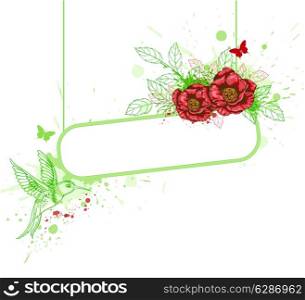 Green decorative banner with red flowers and bird